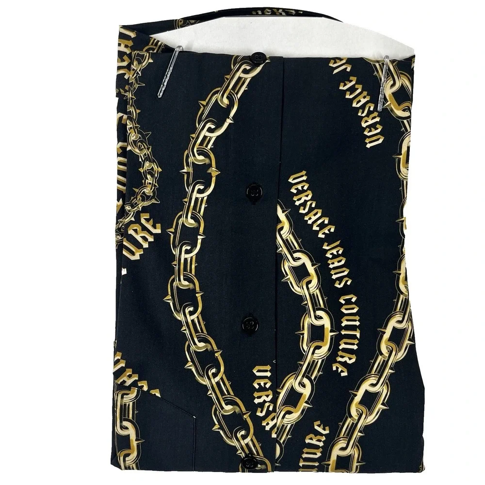 Versace Jeans Couture Long Sleeve Shirt‎ Mens XL 46US Chain Logo Black Gold NWT